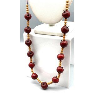 Vintage Wooden Apple Beaded Burgundy Ribbon Necklace, Folk Art 1980s Crafted